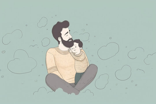 Father's day Illustration, Father with his little child concept for banner  with Copy Space. Generative AI