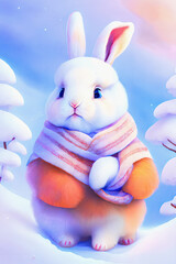 A charming winter landscape with a cute bunny wearing a colorful scarf. Snowy scenery. Generative AI