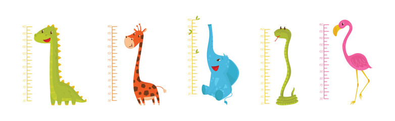 Height Chart for Kids with Funny Animals Vector Set
