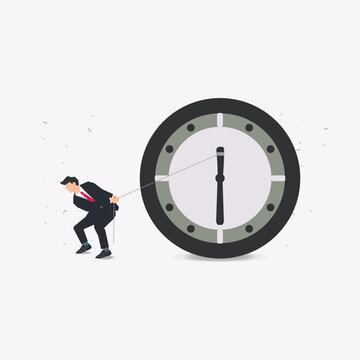 Businessman pulling clock. Time management concept vector illustration