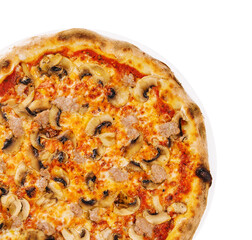 Tasty pizza with minced meat top view