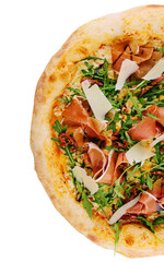 pizza with prosciutto (parma ham), arugula (salad rocket) and parmesan