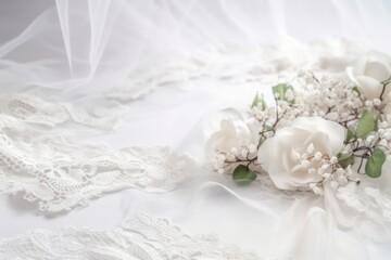 Wedding dress detail. Elegant white background with lace, silk and  flowers. Generative AI