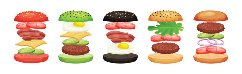 Burger with Floating Layer Ingredients as Fast Food Recipe Vector Set