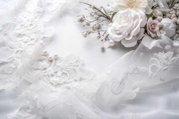 Wedding dress detail. Elegant white background with lace, silk and  flowers. Generative AI