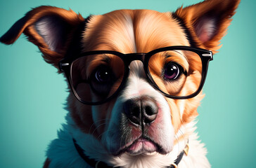 Dog in glasses. Cute smart doggie in eyeglasses. Generative AI