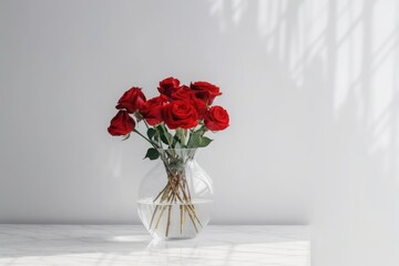 bouquet of red roses in vase on white table against light wall Generative AI