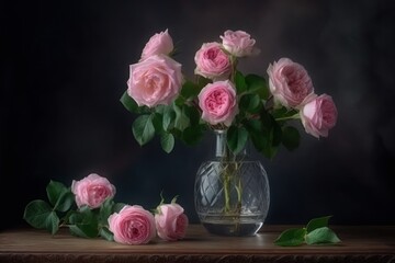 still life with pink roses in vase Generative AI