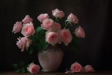 A vase of pink roses is on a table with a dark background. Generative AI