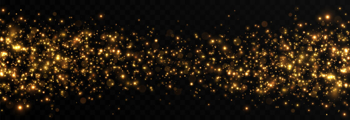 Vector gold sparkles on an isolated transparent background. Atomization of golden dust particles png. Glowing particles png. Gold dust. Light effect.