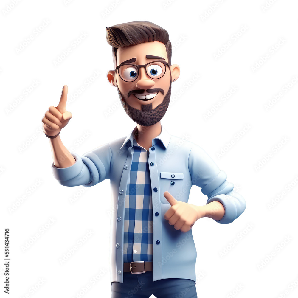 Wall mural 3d icon people kawaii cartoon of a smiling man points with index finger. bright portrait of a teenag