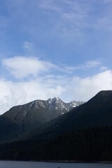 a boat floating near the shore of a lake with mountains in the background