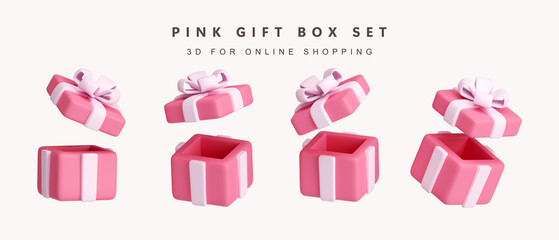 3d Set of open pink gift box for shopping concept. icon isolated on white background. 3d rendering illustration. Clipping path.