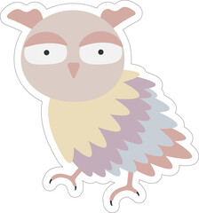 Cute sticker of walking cartoon girl owl with colorful feathers. Vector pastel illustration for baby print, birthdays and invitation designs.
