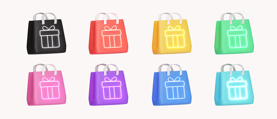 3d Set of neon color on shopping bag for shopping concept. icon isolated on white background. 3d rendering illustration. Clipping path.