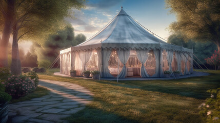 Outdoor summer wedding tent. Beautiful event tent with floral decorations, festive table setting and luxury furniture outdoor in green natural background. Generative AI.