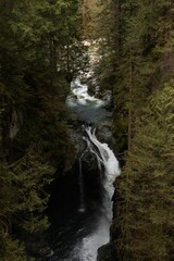 the large waterfall in the forest is surrounded by trees as it rains