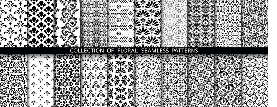 Geometric floral set of seamless patterns. White and black vector backgrounds. Damask graphic ornaments.