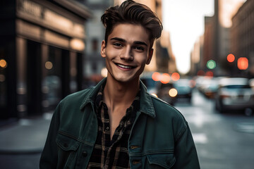 Obraz premium A fictional person. Confident Gen Z guy walking in a bustling city street and smiling at the camera