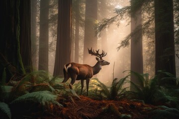 Sunset view of a stag deer in the Redwood Forest