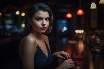 Beautiful young woman sitting alone at a bar with dim lighting