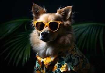 Dog wearing yellow sunglasses on a  studio background - Generative AI