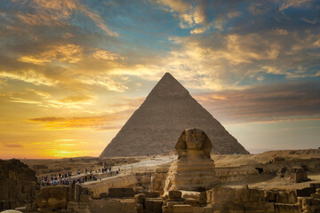The Great Sphinx of Giza and the Pyramid of Khafreat sunset, Egypt.