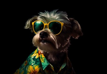 Dog wearing yellow sunglasses on a  studio background - Generative AI