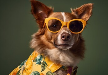 Dog wearing orange sunglasses on a  studio background - Generative AI