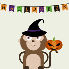 Fototapeta premium Halloween card with a cute flat design Monkey with a Pumpkin and Magic Hat 