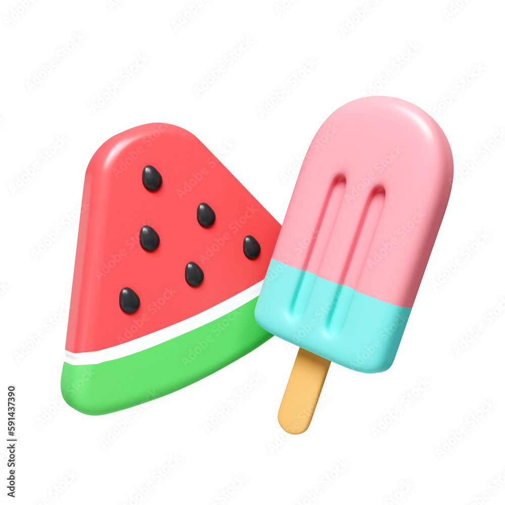 Fototapete 3d watermelon and ice cream for summer time. icon isolated on white background. 3d rendering illustr