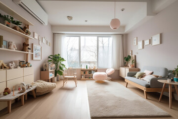 Fototapeta na wymiar Modern living room with bright sunlight. Generative AI.