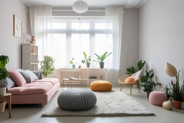 Fototapeta na wymiar Modern living room with bright sunlight. Generative AI.