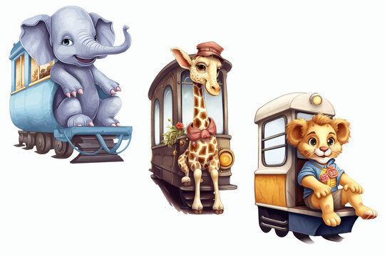 Safari Animal set elephant, lion, giraffe on the train in 3d style. Isolated. Generative AI