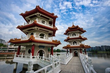 Closeup of the Twin Pagoda towers in a Chinese garden, Singapore