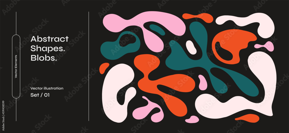 Aufkleber Collection of abstract graphic forms on a dark background. Minimalist elements in the style of modern art. Universal vector illustration for your design in a flat style. Shapes and objects. Blobs.