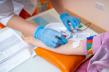 Laboratory blood taking from vein. Blood test procedure analysis.