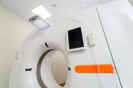 Modern diagnostic hospital equipment. Computer tomography in medical center.