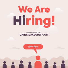 We are hiring. Recruitment post. Hiring post for social media and popup for website banner highlighting a person with apply now button. Hire engineer, designer, artist, manager and assistant. Employee