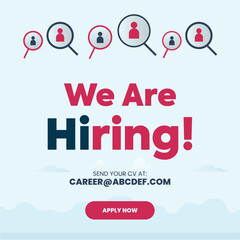 We are hiring. Recruitment post. Hiring post for social media and popup for website banner highlighting a person with apply now button. Hire engineer, designer, artist, manager and assistant. Employee
