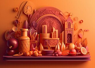 Iftar Fastenbrechen Illustration Papierschnitt orange kleiner Altar