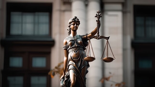 Themis statue, symbol of law and justice, holding scales and blindfolded, representing balance and impartiality. It symbolizes the legal system, ethics, and civil rights. Generative AI