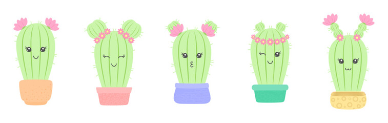 Cute cacti girls with pink flowers in hairstyles and funny faces, isolated on a white background. Kawaii plant characters in colorful flower pots. Vector set for cover, greeting card, packaging, print