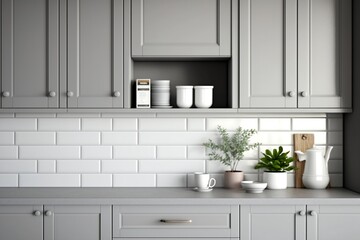 Fototapeta na wymiar A modern kitchen with sleek gray cabinets and bright white countertops created with Generative AI