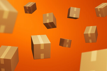 Flying cardboard box on orange background 3d illustration