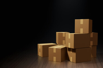 Many cardboard box on dark background 3d illustration