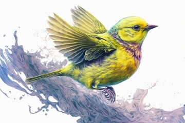 a painting of a yellow bird with wings outstretched out sitting on the branch