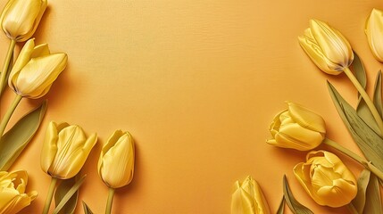 Tulips border with copy space on a colored background. Beautiful frame composition of spring flowers. Generative AI