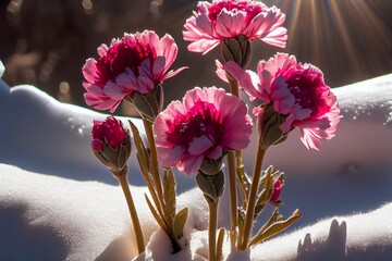 Closeup of flowers growing in snow