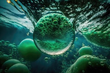 green bubbles floating in the water. Generative AI